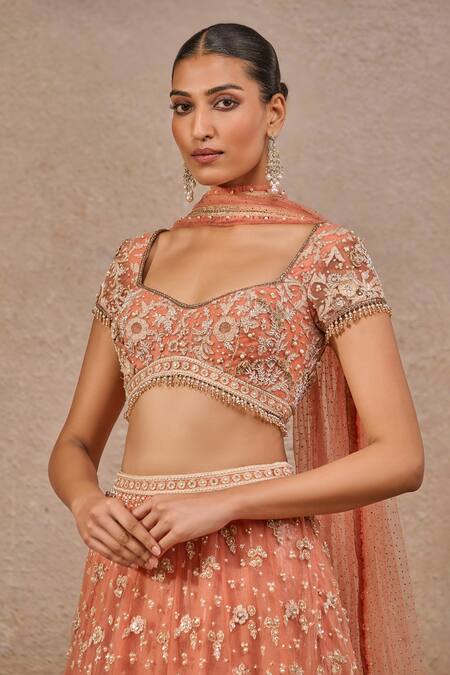 Buy_Tarun Tahiliani_Orange Tulle Pearls, Beads, Sequins, Embroidery Sweetheart Floral Lehenga Set _Online_at_Aza_Fashions