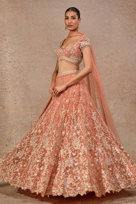 Shop_Tarun Tahiliani_Orange Tulle Pearls, Beads, Sequins, Embroidery Sweetheart Floral Lehenga Set _Online_at_Aza_Fashions