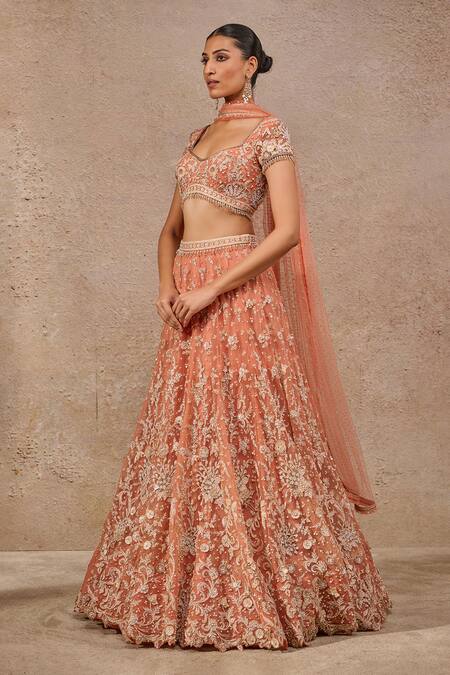Tarun Tahiliani_Orange Tulle Pearls, Beads, Sequins, Embroidery Sweetheart Floral Lehenga Set _at_Aza_Fashions