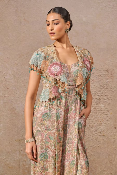 Tarun Tahiliani_Multi Color Foil Jersey Floral, Brooch Notched Print Jumpsuit _Online_at_Aza_Fashions