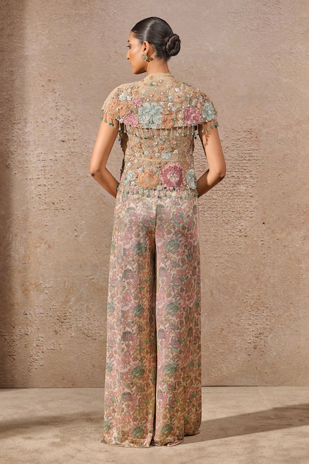 Shop_Tarun Tahiliani_Multi Color Foil Jersey Floral, Brooch Notched Print Jumpsuit _at_Aza_Fashions