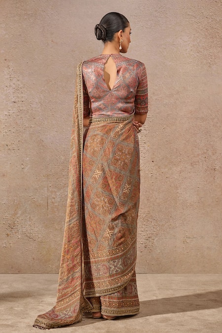 Tarun Tahiliani_Multi Color Tissue, Georgette Beads, Sequins, Abstract Print Saree Set _Online_at_Aza_Fashions