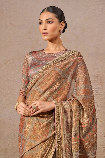 Buy_Tarun Tahiliani_Multi Color Tissue, Georgette Beads, Sequins, Abstract Print Saree Set _Online_at_Aza_Fashions