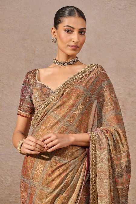 Shop_Tarun Tahiliani_Multi Color Tissue, Georgette Beads, Sequins, Abstract Print Saree Set _Online_at_Aza_Fashions