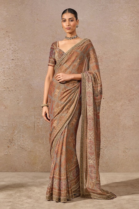 Tarun Tahiliani_Multi Color Tissue, Georgette Beads, Sequins, Abstract Print Saree Set _at_Aza_Fashions