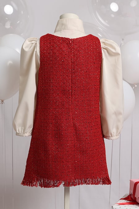 Pnk Isha Arora (Pink) Red Tweed Dress With Ruffled Shirt 