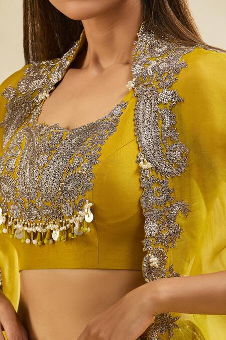 Prisho Yellow Chiffon Cut Work, Pearls, Paisley Embroidered Lehenga Set With Cape Online at Aza Fashions Prisho_Yellow Chiffon Cut Work, Pearls, Paisley Embroidered Lehenga Set With Cape _Online_at_Aza_Fashions