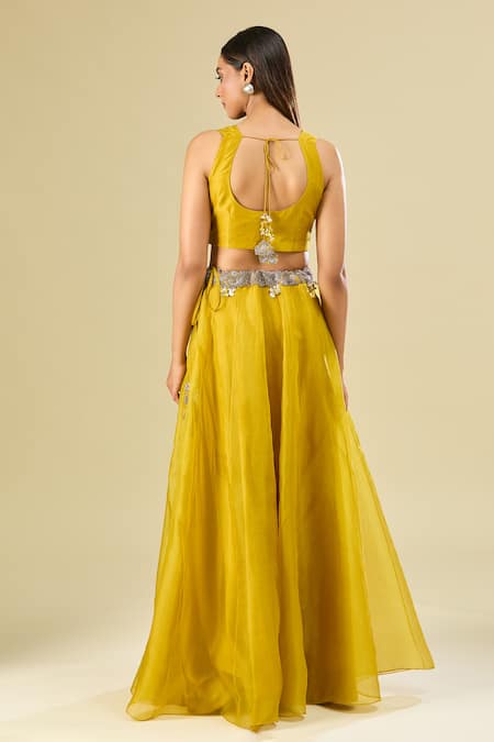 Shop Prisho Yellow Chiffon Cut Work, Pearls, Paisley Embroidered Lehenga Set With Cape at Aza Fashions Shop_Prisho_Yellow Chiffon Cut Work, Pearls, Paisley Embroidered Lehenga Set With Cape _at_Aza_Fashions