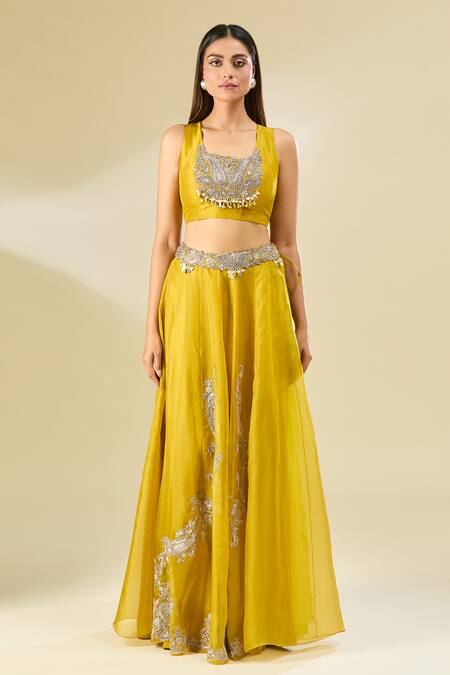 Buy Prisho Yellow Chiffon Cut Work, Pearls, Paisley Embroidered Lehenga Set With Cape Online at Aza Fashions Buy_Prisho_Yellow Chiffon Cut Work, Pearls, Paisley Embroidered Lehenga Set With Cape _Online_at_Aza_Fashions