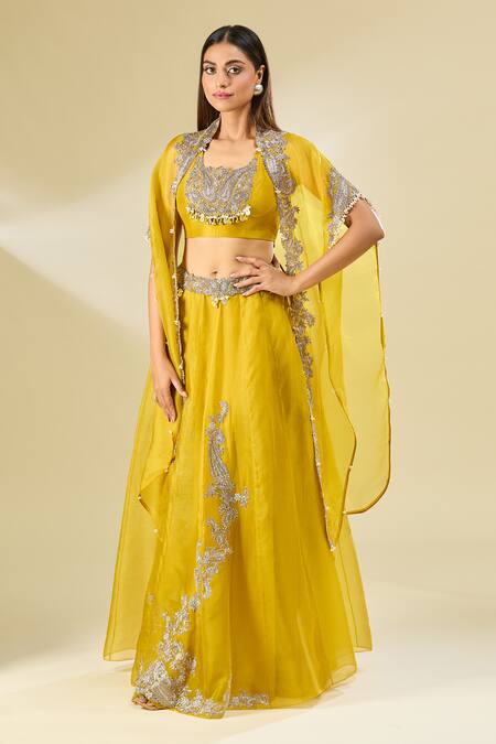 Shop Prisho Yellow Chiffon Cut Work, Pearls, Paisley Embroidered Lehenga Set With Cape Online at Aza Fashions Shop_Prisho_Yellow Chiffon Cut Work, Pearls, Paisley Embroidered Lehenga Set With Cape _Online_at_Aza_Fashions