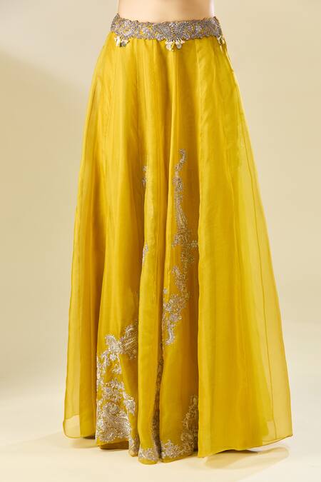 Prisho Yellow Chiffon Cut Work, Pearls, Paisley Embroidered Lehenga Set With Cape at Aza Fashions Prisho_Yellow Chiffon Cut Work, Pearls, Paisley Embroidered Lehenga Set With Cape _at_Aza_Fashions