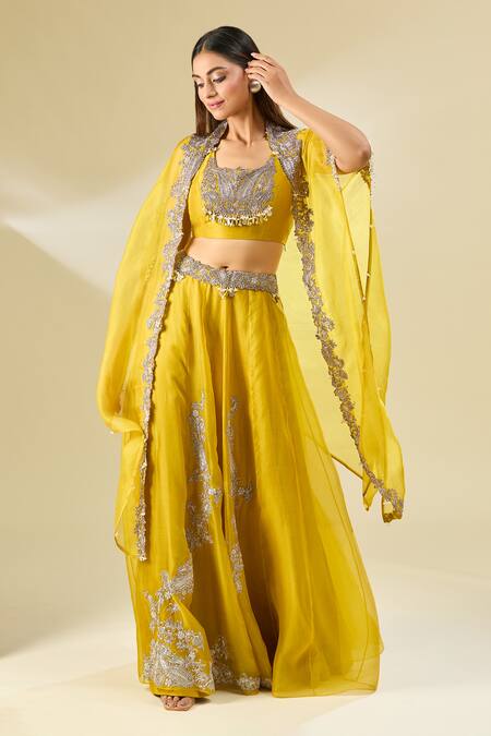 Buy Prisho Yellow Chiffon Cut Work, Pearls, Paisley Embroidered Lehenga Set With Cape Buy_Prisho_Yellow Chiffon Cut Work, Pearls, Paisley Embroidered Lehenga Set With Cape