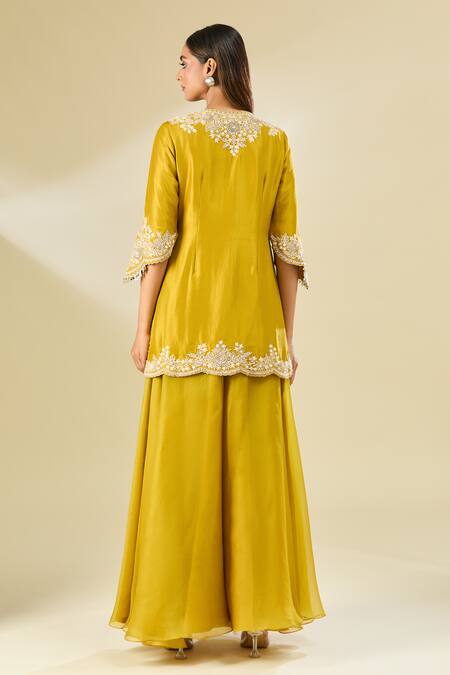 Shop Prisho Yellow Cotton, Georgette Embroidery Round Neck Floral Scallop Hem Kurta Set at Aza Fashions Shop_Prisho_Yellow Cotton, Georgette Embroidery Round Neck Floral Scallop Hem Kurta Set _at_Aza_Fashions
