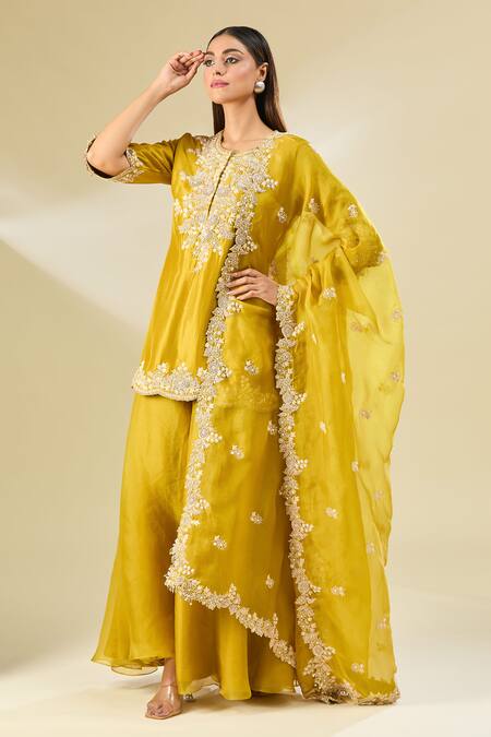 Prisho Yellow Cotton, Georgette Embroidery Round Neck Floral Scallop Hem Kurta Set Online at Aza Fashions Prisho_Yellow Cotton, Georgette Embroidery Round Neck Floral Scallop Hem Kurta Set _Online_at_Aza_Fashions