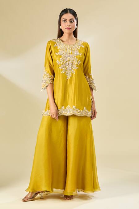 Shop Prisho Yellow Cotton, Georgette Embroidery Round Neck Floral Scallop Hem Kurta Set Online at Aza Fashions Shop_Prisho_Yellow Cotton, Georgette Embroidery Round Neck Floral Scallop Hem Kurta Set _Online_at_Aza_Fashions