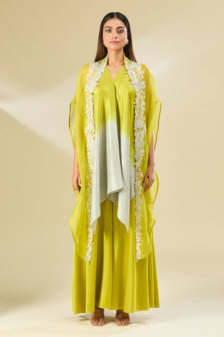 Prisho Green Floral, Paisley Cape Open, Kurta V Neck Ombre Set With Embroidered Online at Aza Fashions Prisho_Green Floral, Paisley Cape Open, Kurta V Neck Ombre Set With Embroidered _Online_at_Aza_Fashions