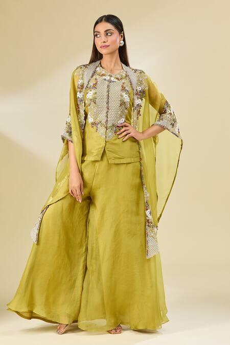 Prisho Green Cape Open, Kurta Round Botanical Embroidered Short Set With Online at Aza Fashions Prisho_Green Cape Open, Kurta Round Botanical Embroidered Short Set With _Online_at_Aza_Fashions