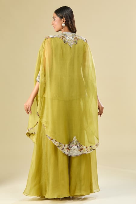 Shop Prisho Green Cape Open, Kurta Round Botanical Embroidered Short Set With at Aza Fashions Shop_Prisho_Green Cape Open, Kurta Round Botanical Embroidered Short Set With _at_Aza_Fashions