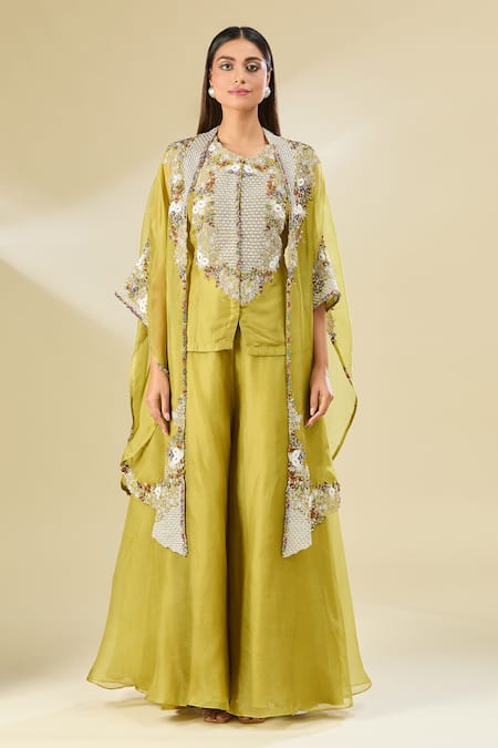 Buy Prisho Green Cape Open, Kurta Round Botanical Embroidered Short Set With Online at Aza Fashions Buy_Prisho_Green Cape Open, Kurta Round Botanical Embroidered Short Set With _Online_at_Aza_Fashions