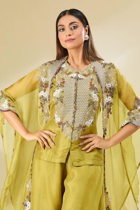 Buy Prisho Green Cape Open, Kurta Round Botanical Embroidered Short Set With Buy_Prisho_Green Cape Open, Kurta Round Botanical Embroidered Short Set With