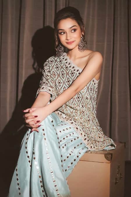 Gopi Vaid Powder Blue Asymmetric Top & Flared Trouser Set 