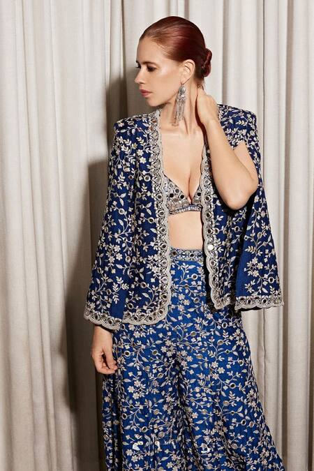 Shop_Gopi Vaid_Blue Tussar Katri Mirror Cape Jacket Dhyeya Embroidered And Flared Pant Set _Online_at_Aza_Fashions