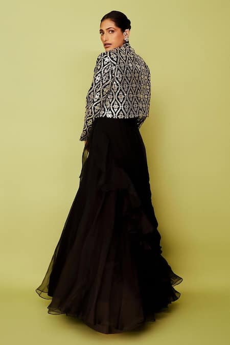 Gopi Vaid Geometric Mirror Embroidered Blazer & Skirt Set 