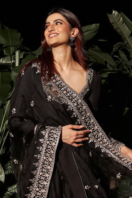 Gopi Vaid_Black Anarkali Tussar, Dupatta Organza, Srivani Ag Vine Embroidered With _Online_at_Aza_Fashions