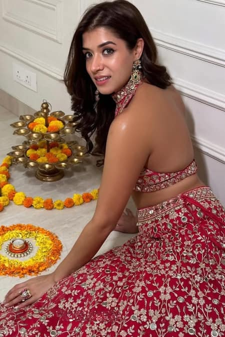 Shop Gopi Vaid Red Blouse Tussar, Dupatta Net, Lehenga Tussar, Laanya Embroidered With Online at Aza Fashions Shop_Gopi Vaid_Red Blouse Tussar, Dupatta Net, Lehenga Tussar, Laanya Embroidered With _Online_at_Aza_Fashions