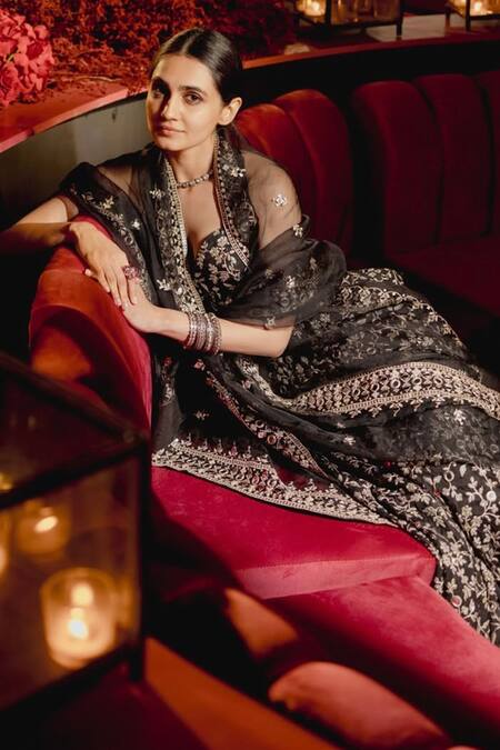 Buy Gopi Vaid Black Dupatta Organza, Lehenga And Blouse Harshini Garden Bloom Embroidered Set Online at Aza Fashions Buy_Gopi Vaid_Black Dupatta Organza, Lehenga And Blouse Harshini Garden Bloom Embroidered Set _Online_at_Aza_Fashions