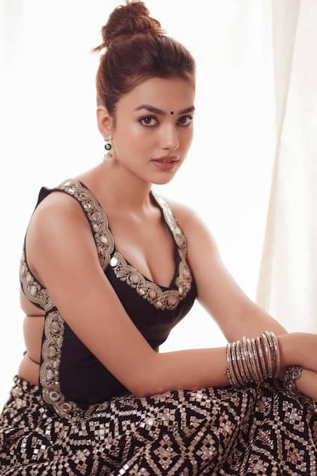 Gopi Vaid Black Tussar, Organza Mirrors Round Neck Katri Embroidered Lehenga Set at Aza Fashions Gopi Vaid_Black Tussar, Organza Mirrors Round Neck Katri Embroidered Lehenga Set _at_Aza_Fashions