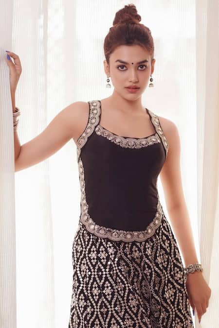 Shop Gopi Vaid Black Tussar, Organza Mirrors Round Neck Katri Embroidered Lehenga Set Shop_Gopi Vaid_Black Tussar, Organza Mirrors Round Neck Katri Embroidered Lehenga Set