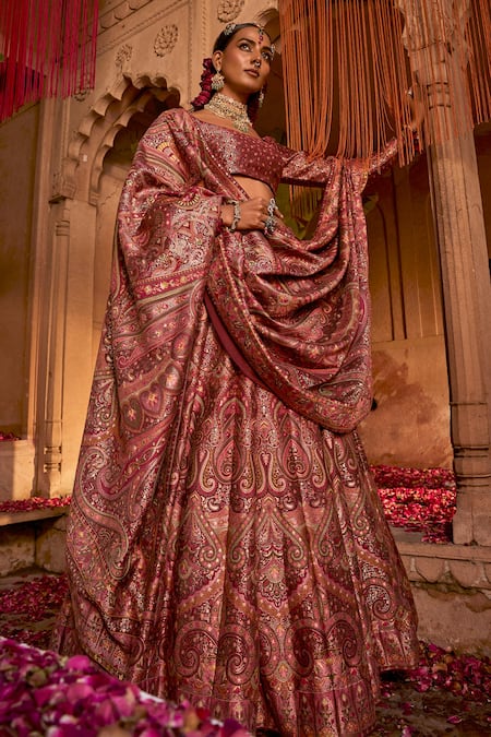 Buy_Safaa_Maroon Moonga Silk Floral Plunging V The Diwani I Khaas Woven Lehenga Set _Online_at_Aza_Fashions