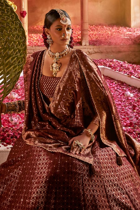 Safaa_Burgundy Velvet, Silk Gota Patti, Zari Scoop Neck Woven Lehenga Set _Online_at_Aza_Fashions