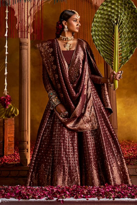 Safaa Burgundy Woven Lehenga Set 