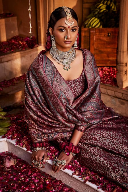 Safaa Magenta Moonga Silk Floral Vine Scoop The Farah Bagh Woven Lehenga Set Online at Aza Fashions Safaa_Magenta Moonga Silk Floral Vine Scoop The Farah Bagh Woven Lehenga Set _Online_at_Aza_Fashions