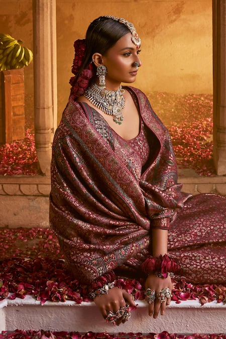 Buy Safaa Magenta Moonga Silk Floral Vine Scoop The Farah Bagh Woven Lehenga Set Online at Aza Fashions Buy_Safaa_Magenta Moonga Silk Floral Vine Scoop The Farah Bagh Woven Lehenga Set _Online_at_Aza_Fashions