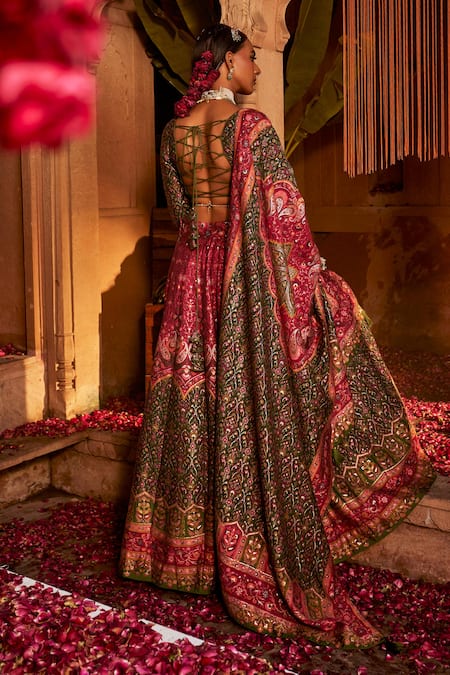 Shop_Safaa_Magenta Moonga Silk Bead, Floral Paisley V Neck The Mor Mahal Woven Lehenga Set _at_Aza_Fashions