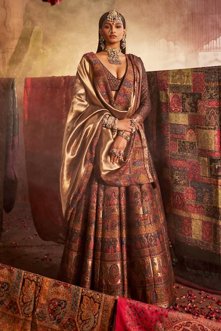 Buy_Safaa_Black Silk, Mohair Embroidery V-neck Palatial Woven Lehenga Set _Online_at_Aza_Fashions