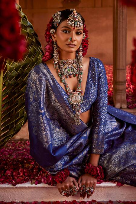 Safaa Blue Vegan Silk Paisley, Bead, Zari Plunging The Nur Chashma Woven Anarkali Set Online at Aza Fashions Safaa_Blue Vegan Silk Paisley, Bead, Zari Plunging The Nur Chashma Woven Anarkali Set _Online_at_Aza_Fashions