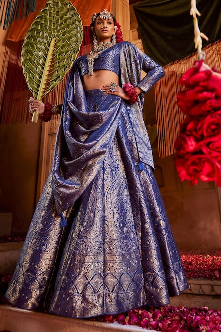 Shop Safaa Blue Vegan Silk Paisley, Bead, Zari Plunging The Nur Chashma Woven Anarkali Set Online at Aza Fashions Shop_Safaa_Blue Vegan Silk Paisley, Bead, Zari Plunging The Nur Chashma Woven Anarkali Set _Online_at_Aza_Fashions