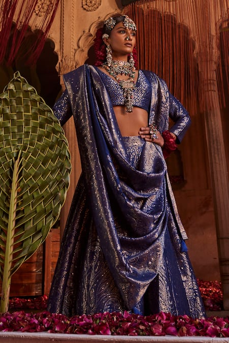 Safaa Blue Vegan Silk Paisley, Bead, Zari Plunging The Nur Chashma Woven Anarkali Set at Aza Fashions Safaa_Blue Vegan Silk Paisley, Bead, Zari Plunging The Nur Chashma Woven Anarkali Set _at_Aza_Fashions