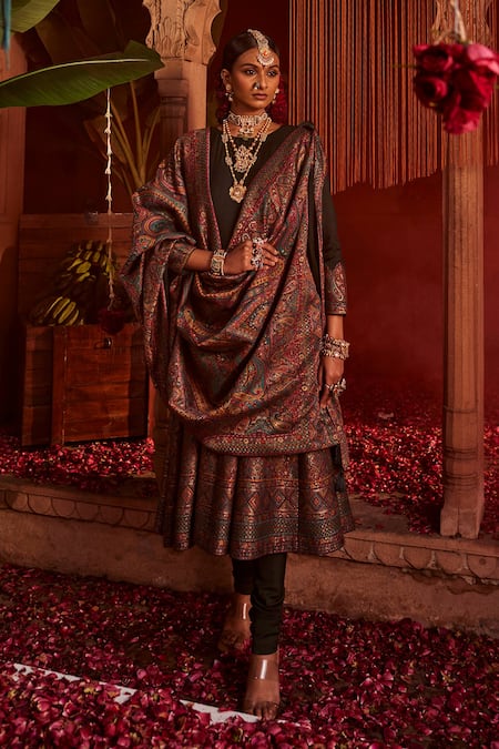 Safaa Green Mohair Tassels, Sequins Round Neck Floral Paisley Woven Anarkali Set Online at Aza Fashions Safaa_Green Mohair Tassels, Sequins Round Neck Floral Paisley Woven Anarkali Set _Online_at_Aza_Fashions