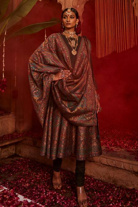 Safaa Green Mohair Tassels, Sequins Round Neck Floral Paisley Woven Anarkali Set at Aza Fashions Safaa_Green Mohair Tassels, Sequins Round Neck Floral Paisley Woven Anarkali Set _at_Aza_Fashions