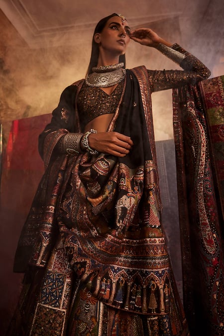 Safaa Black Moonga Silk Royal Kingdom V Neck The Shahi Mahal Woven Lehenga Set Online at Aza Fashions Safaa_Black Moonga Silk Royal Kingdom V Neck The Shahi Mahal Woven Lehenga Set _Online_at_Aza_Fashions