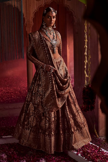 Buy Safaa Brown Mohair, Silk V-neck Floral Paisley Woven Lehenga Set Online at Aza Fashions Buy_Safaa_Brown Mohair, Silk V-neck Floral Paisley Woven Lehenga Set _Online_at_Aza_Fashions