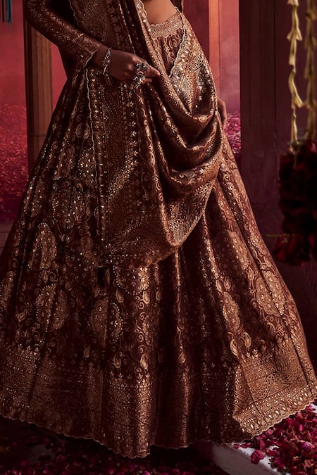 Shop Safaa Brown Mohair, Silk V-neck Floral Paisley Woven Lehenga Set Online at Aza Fashions Shop_Safaa_Brown Mohair, Silk V-neck Floral Paisley Woven Lehenga Set _Online_at_Aza_Fashions
