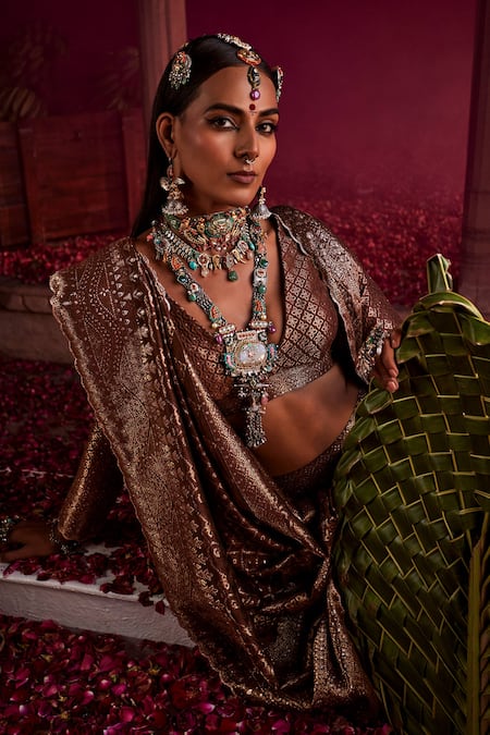 Safaa Brown Mohair, Silk V-neck Floral Paisley Woven Lehenga Set at Aza Fashions Safaa_Brown Mohair, Silk V-neck Floral Paisley Woven Lehenga Set _at_Aza_Fashions