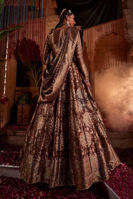 Safaa Brown Floral Paisley Woven Lehenga Set 