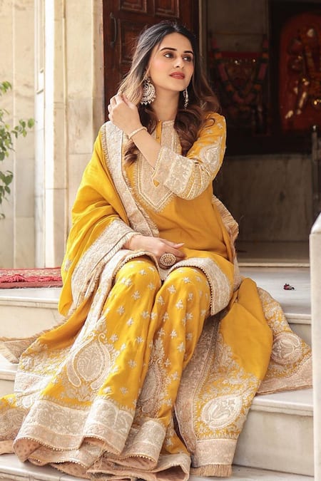 Sheetal Batra Yellow Kashmiri Tilla Kurta Set 